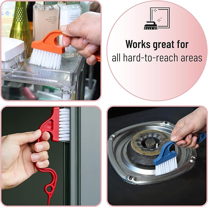 Slick- Window Track Cleaning Brush, 3 Pack, Colorful, Ergonomic Handle, Built-in Scraper, Multipurpose Window Track Cleaning Tools for Faucets, Shower Heads and Drains