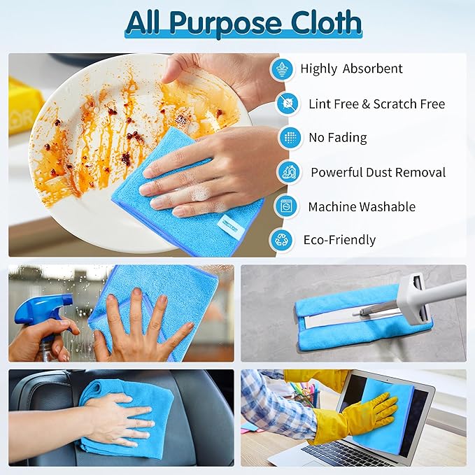 FIXSMITH Blue Microfiber Cleaning Cloth -Pack of 12, Highly Absorbent Cleaning Rags, 16"X12" All Purpose Cleaning Towels for Housekeeping, Kitchen, Car, Lint Free and Reusable Microfiber Towels