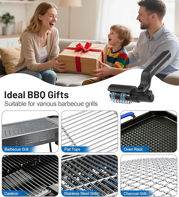 Electric Grill Brush 2-in-1 Automatic Grill Cleaner with Adjustable Angle, Includes 3-Speed Power Motor Stainless Steel & Scouring Pad Heads, Waterproof Cleaning Tool for for BBQ Grates & Griddles