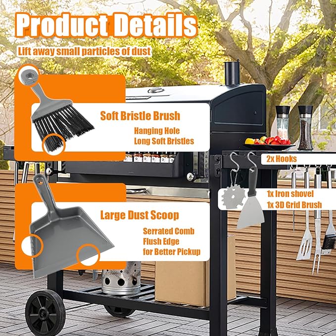 6 Piece Pellet Grill Ash Cleaning Kit, Includes 1 Dust Scoop, 1 Soft Bristle Brush, 1 Flat Scraper, 1 3D Scraper, 2 Hook