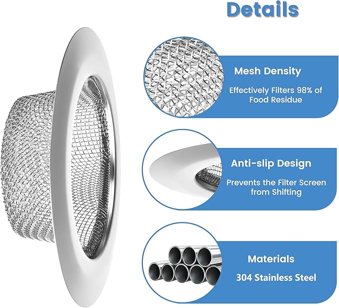 2 Pack 4.5 Inch Stainless Steel Sink Strainer Basket - 304 Stainless Steel Kitchen Sink Drain Filter, Universal Sink Mesh Basket, Hair Catcher, Food Waste Strainer, for Most Sinks