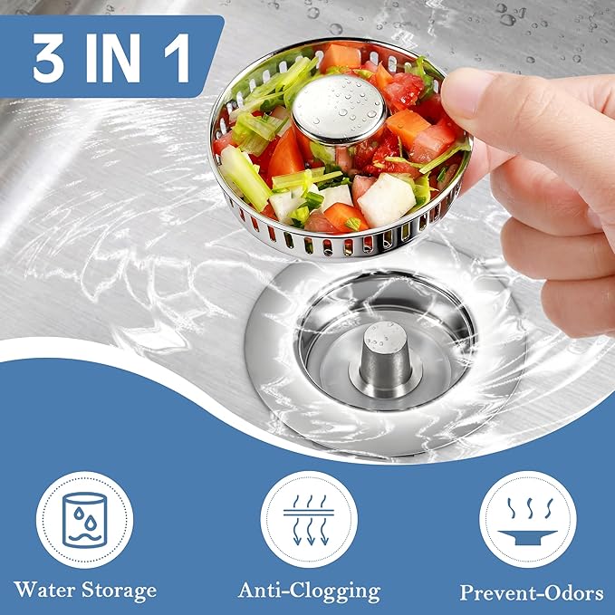 Kitchen Sink Drain Strainer 4 Pack, 304 Stainless Steel Pop Up Sink Stopper, Anti-Clogging Sink Drain Strainer for US Standard Kitchen Drain (Chrome)