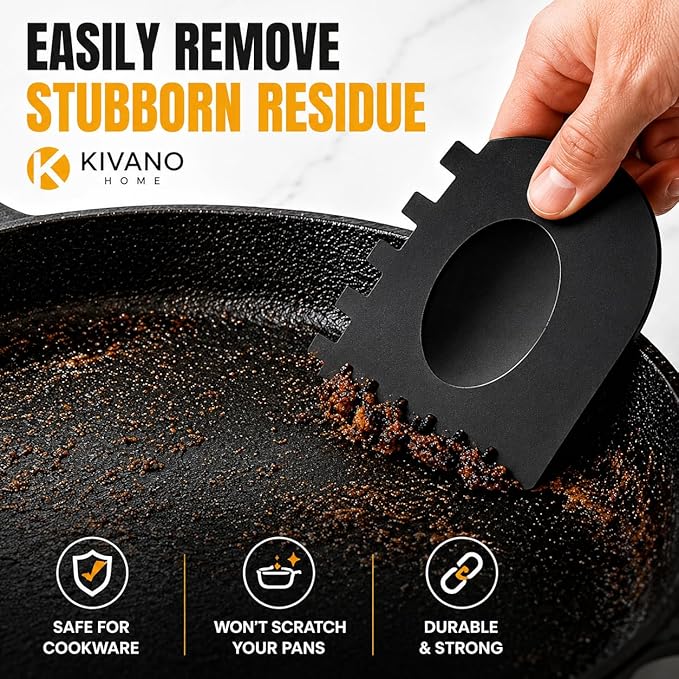 Cast Iron Scrubber with 2 Pan Scrapers – 316L Stainless Steel Chainmail Cleaner for Cast Iron Skillets, Woks & Grill Pans