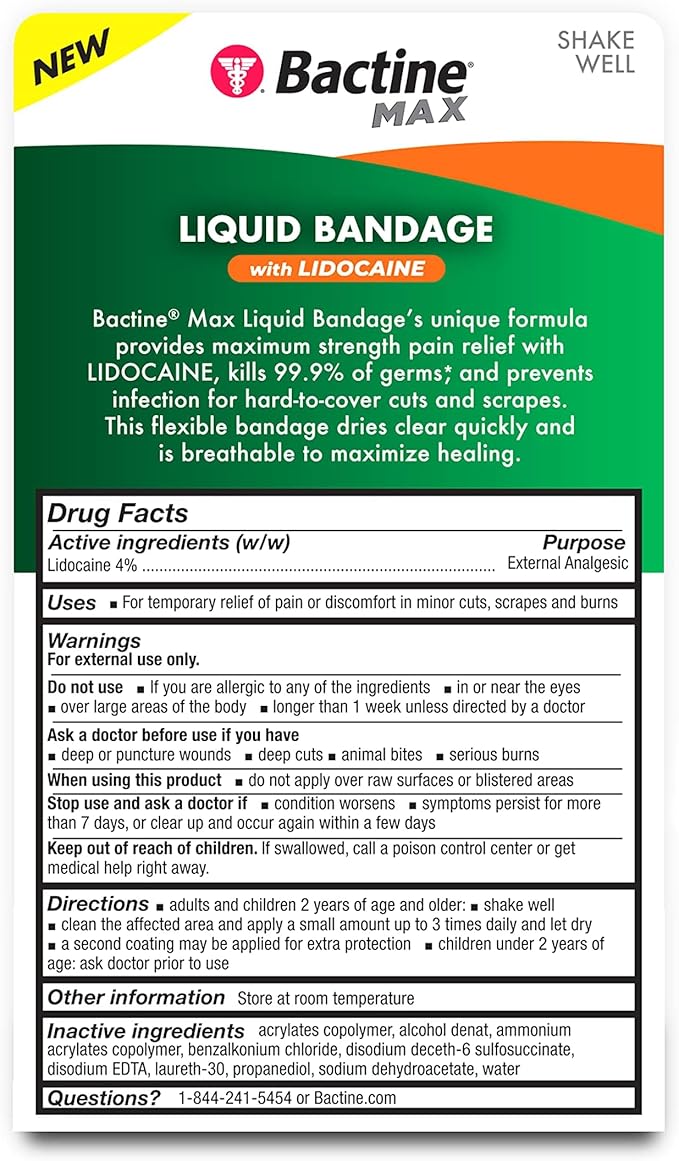 Bactine MAX Liquid Bandage with Lidocaine, Wound Cleaning Solution That Kills 99% of Germs, Covers and Protects Skin, Fast-Drying Protective Seal, 0.30 fl oz