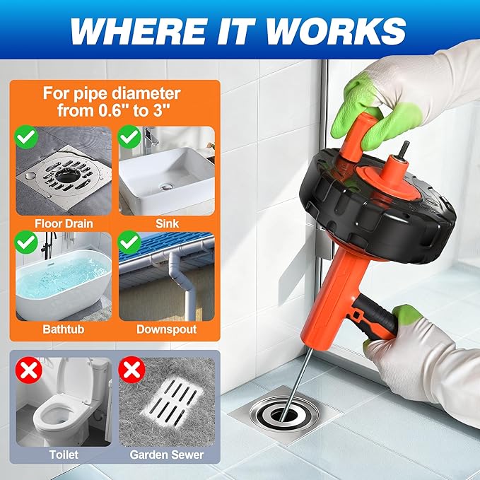Auto Feed Drain Auger with Drill Adapter, 33 Feet Drain Snake Hair Clog Remover, Manual or Powered Plumbing Snake Drain Cleaner for Bathroom, Shower, Kitchen Sink, Comes with Gloves