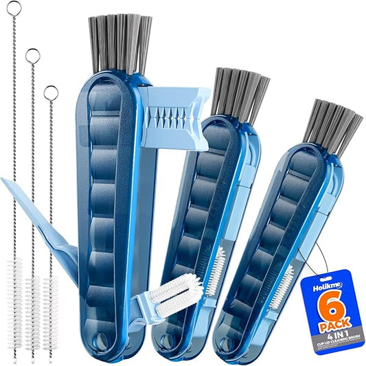 6 Pack Holikme 4 in 1 Cup Lid Cleaning Brush Set with 3 Straws, Multifunctional Bottle Brush, Silicone Cup Lid Gap Cleaner, Durable Bristle Crevice Cleaning Brush, Navy