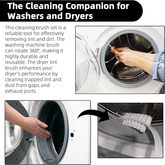 Washing Machine & Dryer Vent Cleaning Brush Kit, Lint Trap Cleaning Tool, Includes 23.6" 360° Rotating Cleaning Brush, 28" Extra Long Dryer Lint Brush, for Most Washers & Dryer Models