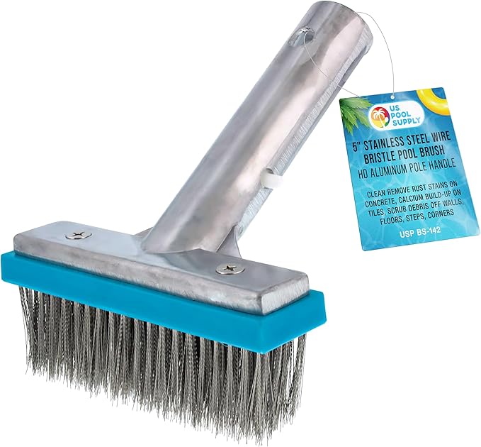 U.S. Pool Supply Pool Brush Head for Inground Pools - 5" Stainless Steel Pool Brush, Metal Wire Bristles, Scrubbing Scrubber Brushes - Remove Calcium Build-Up on Tiles, Rust Stains on Concrete Walls