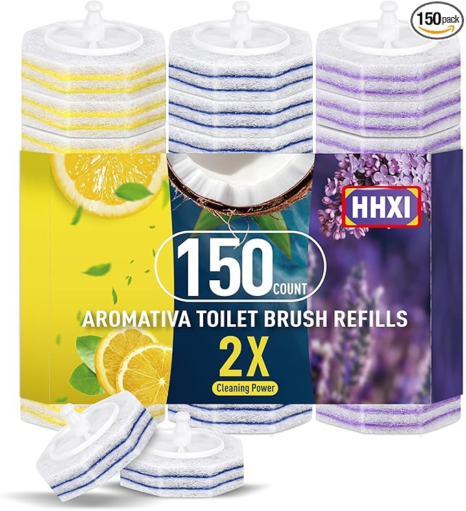 150Ct Aromative Toilet Brush Refills, Toilet Bowl Cleaner Refills, Double-Layer Cleaning Pads Added, Disposable Refill Heads for Toilet Bowl Cleaner Wands，Lemon, Blue Ocean, Lavender （Patented）