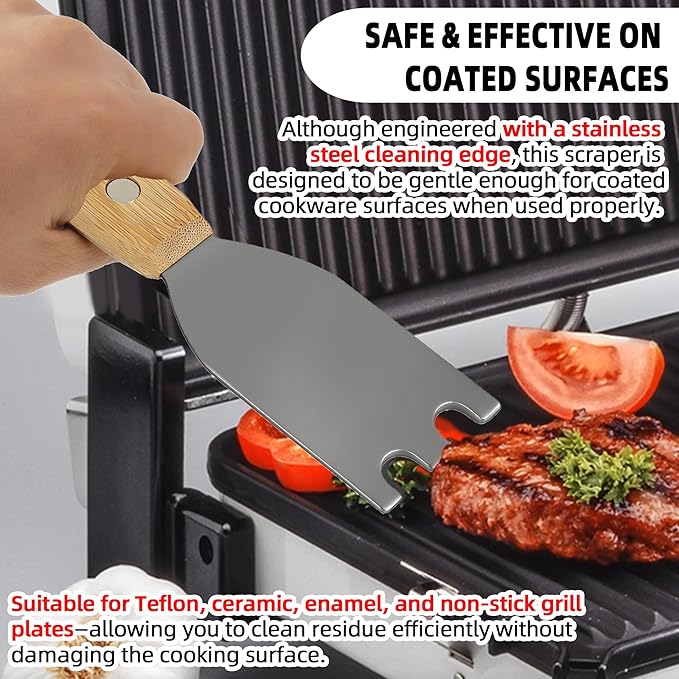 TonGass Bamboo Grill Scraper with Stainless Steel Head Compatible with George Foreman 1925B01B Grill Spatula for George Foreman & Most Other Indoor Grills with Grooves, Heat-Resistant & Durable
