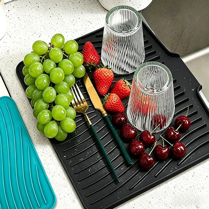 Silicone Dish Drying Mat,Dish Drying Pad,kitchen accessories,with Built-In and Non-Slip Drain,easy Clean, fit for kitchen, Bar, RV, Refrigerator and Drawer Liner, 15.7 * 13 in Black 1PCS by EBIGIC