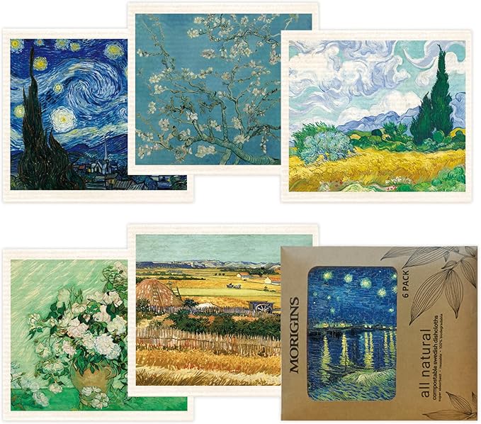 Swedish Dishcloths for Kitchen 6 Pack Van Gogh Painting Cellulose Sponge Cloths Non Scratch Reusable Paper Towels No Odor, Biodegradable and Reusable Kitchen Dish Rags