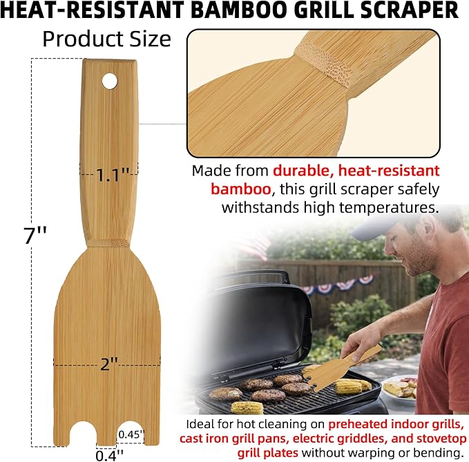 TonGass Bamboo Grill Scraper Compatible with George Foreman 1925B01B, Upgrade Grill Spatula for George Foreman Indoor Grills & Most Other Indoor Grills with Grooves, Heat-Resistant & Durable