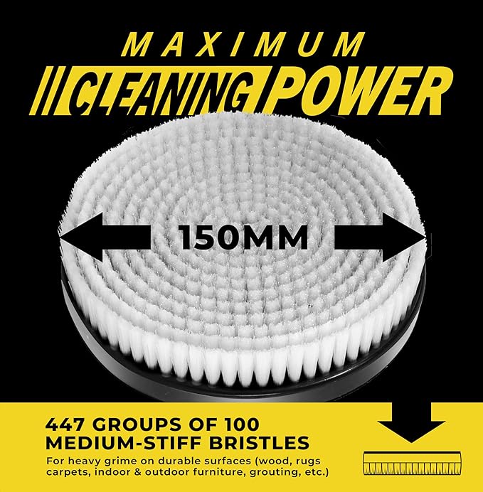 VViViD Drill Backing Plate + Power Scrub Brush Attachment, 150mm Diameter Large Surface Area, Medium-Stiffness Bristles