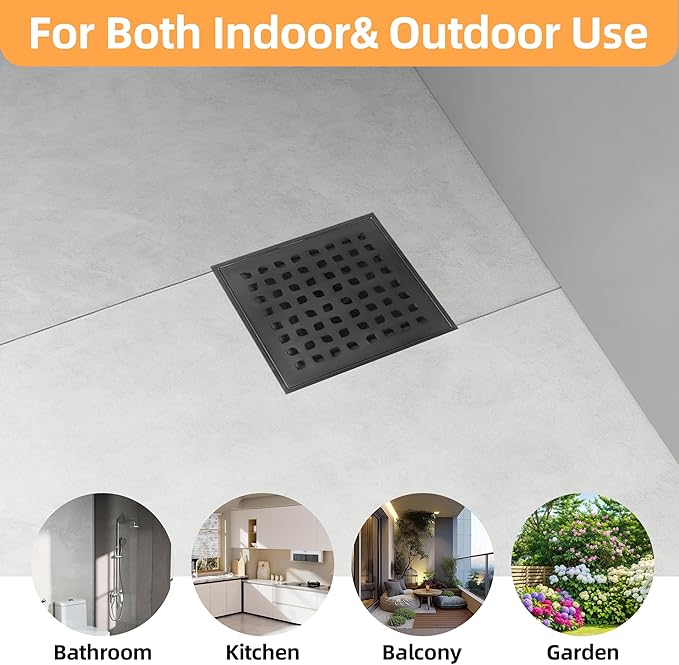 Square Shower Drain, 6-Inch Matte Black Kit with Bonding Flange, Removable Stainless Steel Grate & Hair Strainer, Fits 2" & 3" Pipes for Tiled Floors