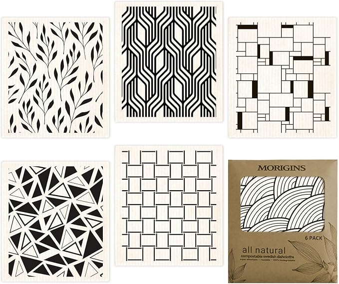 Swedish Dishcloths for Kitchen 6 Pack Black Minimalist Cellulose Sponge Cloths Non Scratch Reusable Paper Towels No Odor, Biodegradable and Reusable Kitchen Dish Rags (Minimalist)