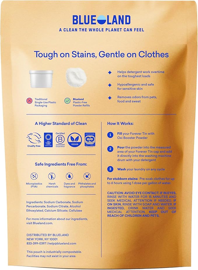 BLUELAND Oxi Laundry Booster Powder with Tin, Starter Set, Fragrance Free & Clear, 25 Loads, 17.6 oz, Plastic-Free, Eco Friendly, Oxy Cleaner, Stain Remover
