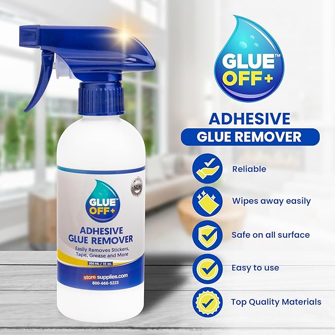 Perco Glue Off Adhesive Remover - 10 fl. oz with Scraper & Plastic Razor | Glue Remover Spray Effortlessly Erase Adhesive Hassles & Car Stickers - for Label Sticker Residue