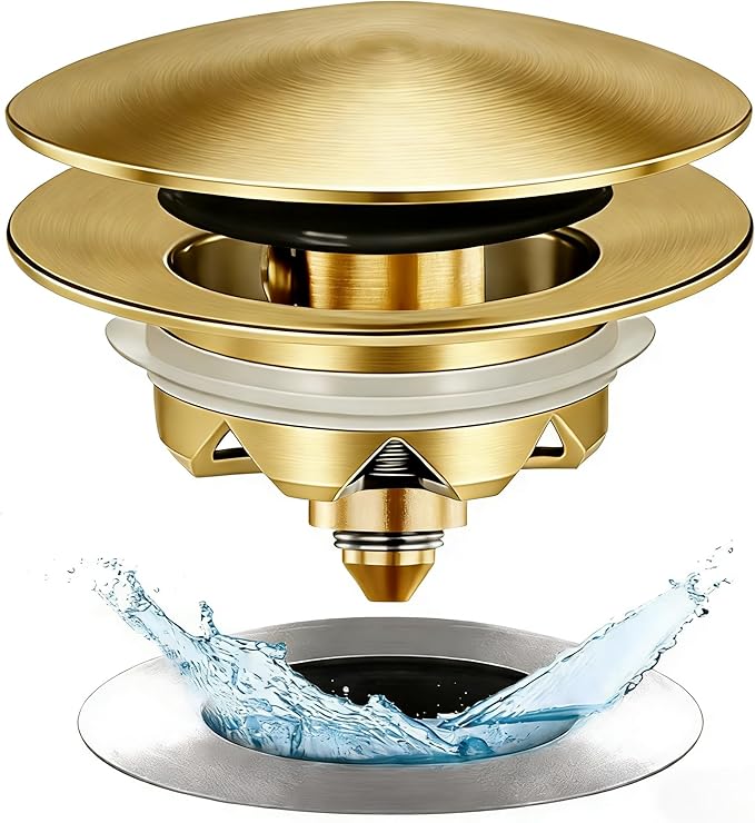 Bathtub Drain Stopper, Pop Up Tub Stopper and Cover, Bottom with Hair Catcher, Universal for 1.45 to 1.8in Drain, Replaces Old Drain Plug, Brushed Gold