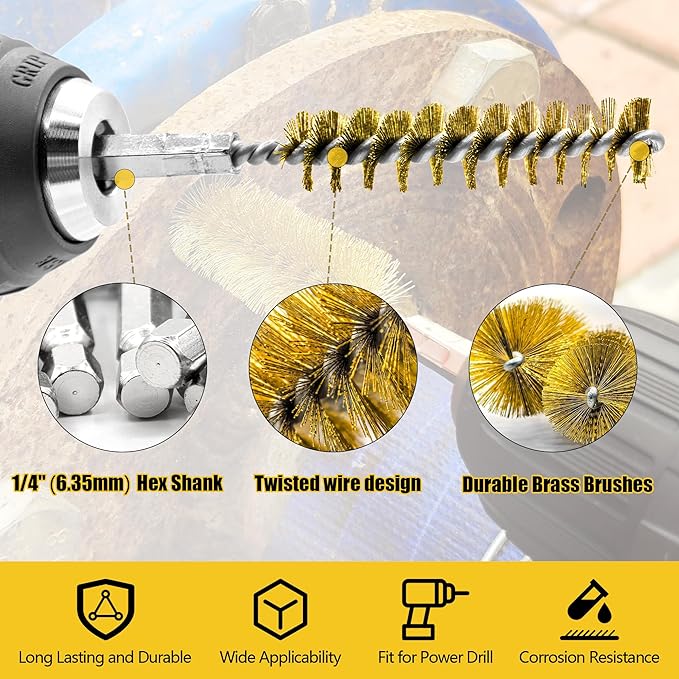 16-Piece Bore Brush Set - Brass Drill Wire Bore Cleaning Brushes - 1/4" Hex Shank for Power Drills, Impact Drivers, Grinders (8/10/12/15/17/19/22/25mm)