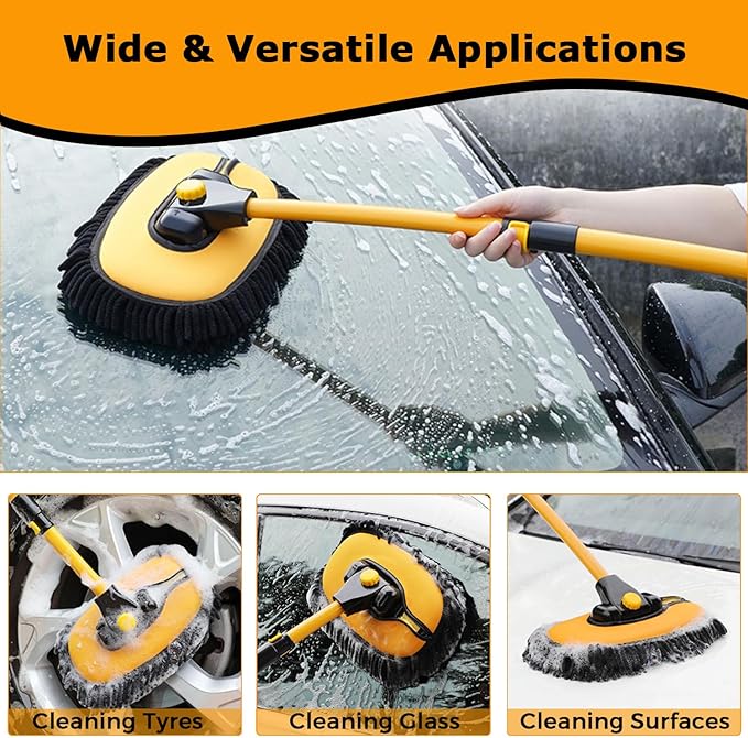 15° Curved Car Wash Brush with Long Handle 43" Extension Pole RV Truck Microfiber Cleaning Mop Auto SUV Wheel Boat Exterior Interior Detailing 2 in 1 Carwash Duster Not Hurt Paint, Yellow