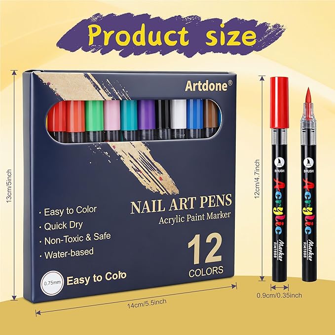 Artdone 12 Colors Nail Art Pens Set, 3D Quick-Drying Acrylic Paint Markers Nail Point Graffiti Dotting Drawing Liner Brush for DIY Gel Nail Polish Design Manicure Tools