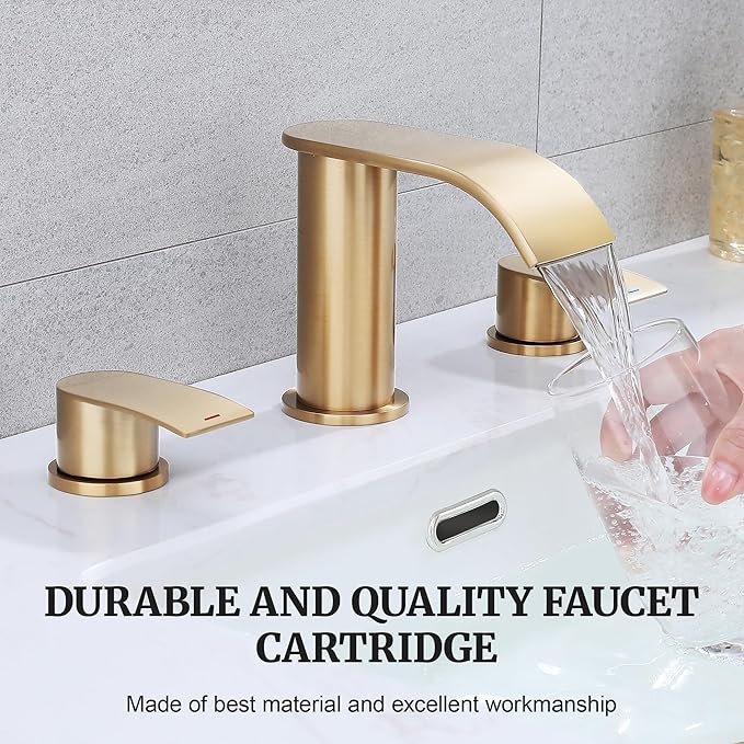 Ultimate Unicorn 8 inch Bathroom Faucet Champagne Bronze, Waterfall Bathroom Sink Faucet with Metal Pop-up Sink Drain Stopper and 2 Supply Hoses, DJS-MP-3JT-CG-PB-C