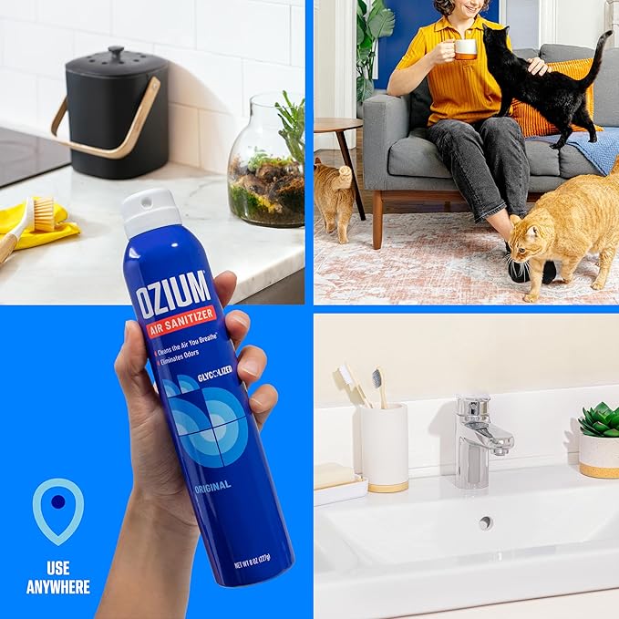 Ozium Air Sanitizer Spray - Room Odor Eliminator for Home, Car, and Office - Carbon Black - 8 oz Can - 6 Pack