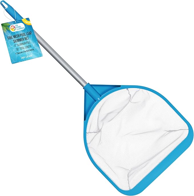 U.S. Pool Supply Pool and Spa Skimmer Net with Pole, 30" Long Handheld Fine Mesh Pool Skimmer Net - Hand Held Spa, Hot Tub, Pond Cleaning - 17" Pole Handle, Deep Leaf Netting, Scoop Skim Leaves