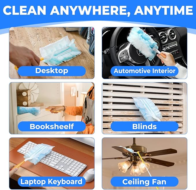100 Pack Duster Refills Compatible with Swiffer, Disposable Microfiber Replacement Heads for Multi-Surface Cleaning on Blinds, Furniture & Fans, Blue (No Handle)