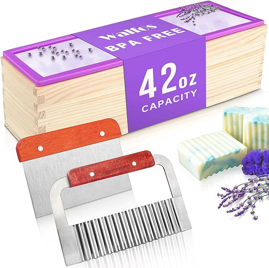 Walfos Silicone Soap Mold - Flexible Rectangular Loaf Mold Comes with Wood Box, Stainless Steel Wavy + Straight Scraper for Soaps Making 42oz