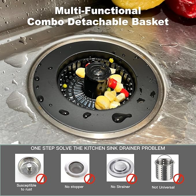 Kitchen Sink Drain Strainer 3 in 1, 304 Stainless Steel Pop Up Sink Stopper, Anti-Clogging Drain Stopper, Strainers for Kitchen, Drain Cover and Kitchen Accessories for US Standard Sink (Black)
