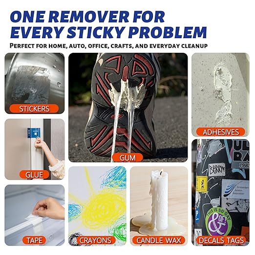 Adhesive Remover Spray 5.03oz – Powerful Glue & Sticker Remover for Tape, Labels, Silicone, Grease, Gum & Wax Residue – Safe on Glass, Metal, Plastic, Wood & Hard Surfaces – Includes Scraper