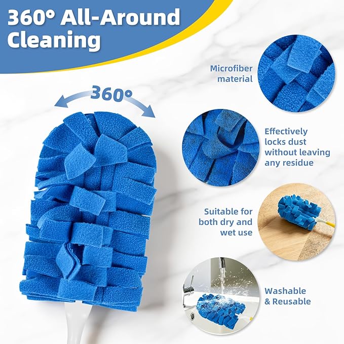 6 PCS Fleece Reusable Duster Refills for Swiffer, Washable 360 Dusters for Cleaning, Fans, Floors, Blinds, Windows (Include 1 Handle & Laundry Bag)