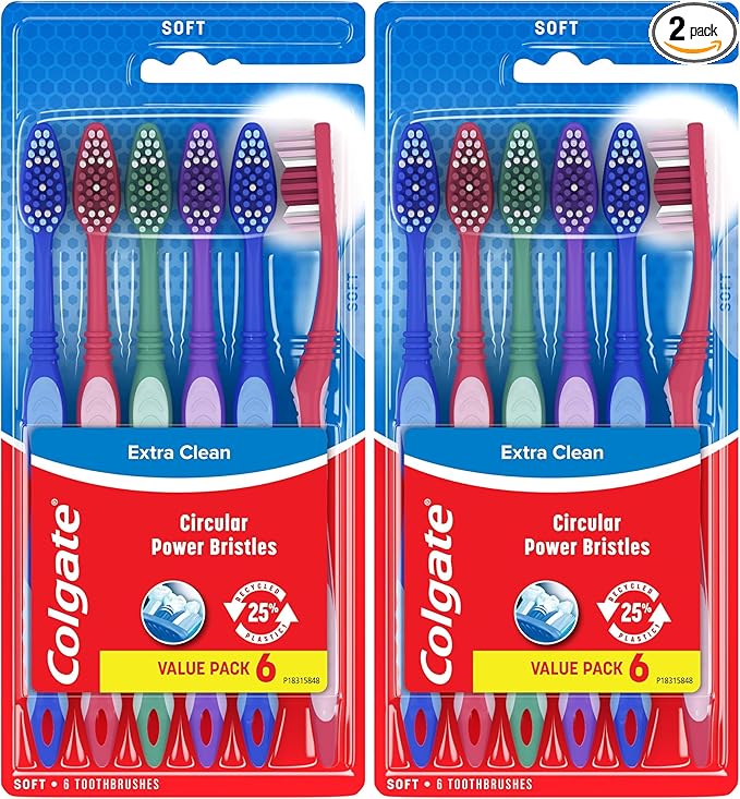 Colgate Extra Clean Toothbrush, Soft Toothbrush for Adults, 6 Count (Pack of 2)