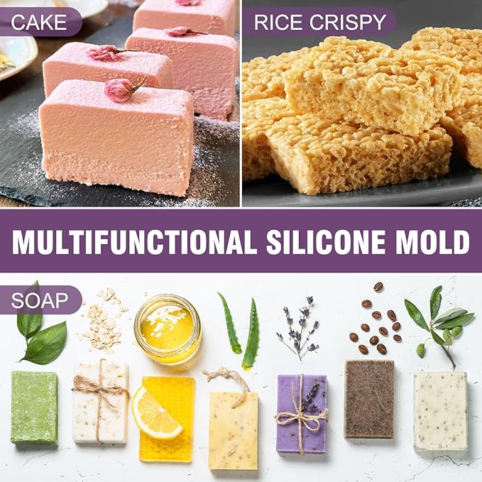 Walfos Silicone Soap Molds, 4 Pieces Rectangle Soap Molds 6 Cavities for Homemade Craft Soap, Cake, Rice Crispy, Chocolate ＆ Ice Cube Tray（Purple ＆ Pink）