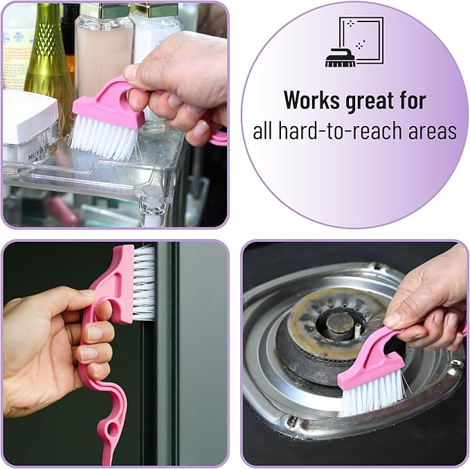 Slick- Window Track Cleaning Brush, 3 Pack, Shades of Pink, Ergonomic Handle, Built-in Scraper, Multipurpose Window Track Cleaning Tools for Faucets, Shower Heads and Drains