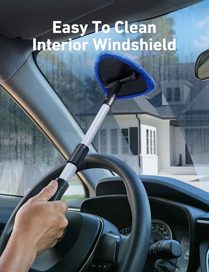 AstroAI 21" Windshield Cleaner Tool, Car Interior Detailing Cleaning Kit with Extendable Handle and 4 Upgraded High-Density Reusable Microfiber Pads, Auto Glass Wiper Brush Kit for Cars, Blue