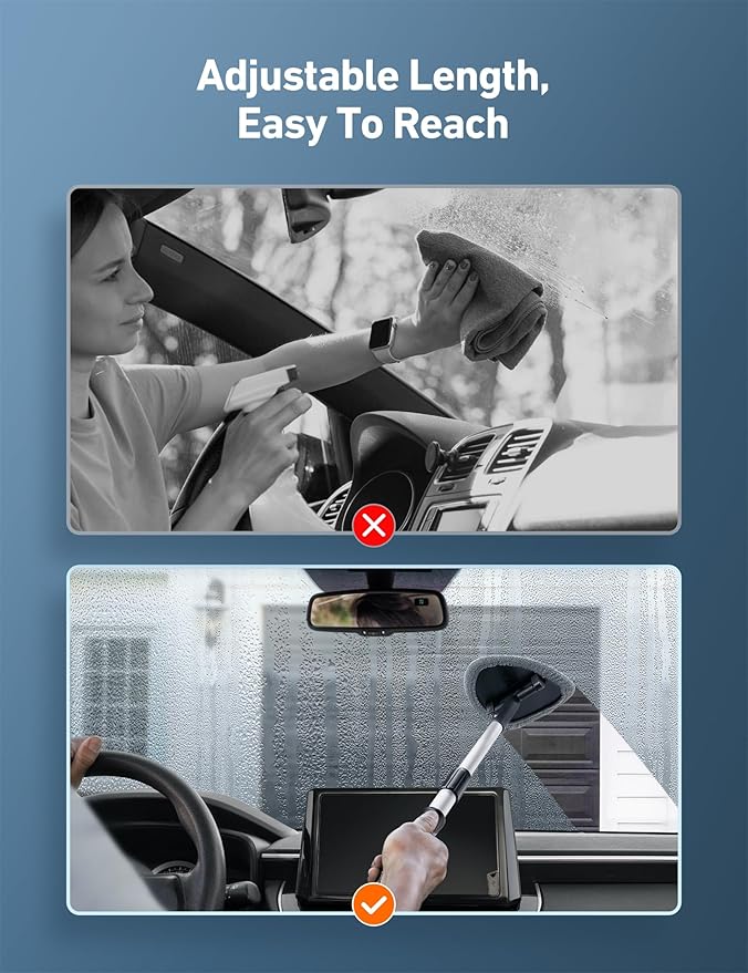 AstroAI 21" Windshield Cleaner Tool, Car Interior Detailing Cleaning Kit with Extendable Handle and 4 Upgraded High-Density Reusable Microfiber Pads, Auto Glass Wiper Brush Kit for Cars, Gray