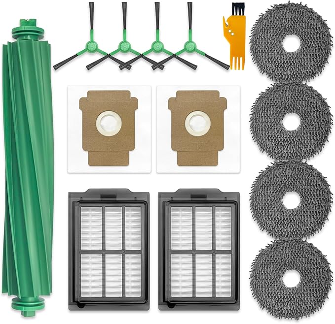 Replacement Parts for iRobot Roomba Plus 405 (G181 & G185) / 505/507 Combo Robot Vacuum, 1 Main Brush, 4 Side Brushes, 2 Hepa Filters, 4 Mop Pads, 2 Dust Bags (14 Pack)