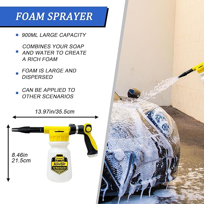 Foam Gun Car Wash Sprayer + Washing Sponge & Absorbent Towel, Hose Nozzle Foam Cannon Car Washing Kit, for Garden Cleaning, Pet Showering (Yellow)