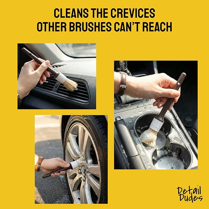 Detail Dudes Car Detailing Brush Set 3-pc - Scratch-Free Boars Hair for Interior and Exterior Work - Pro Quality Car Cleaning Brush Kit for Leather Seats, Dashboards, Wheels, Grills and Paint