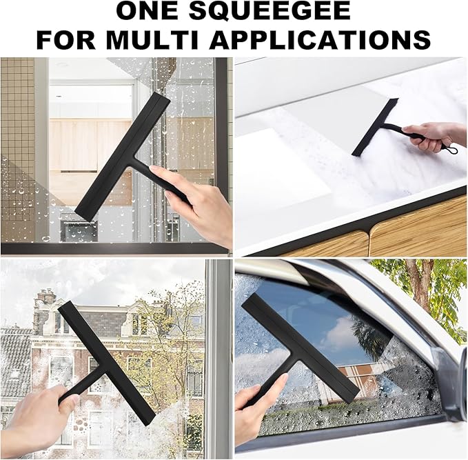 Shower Squeegee for Glass Doors, 8.5" Slicone Squeegee for Shower Glass Door, Black Shower Squeegee for Shower Doors Windows Mirrors Cars Cleaning, Shower Door Squeegee with 2 Hooks