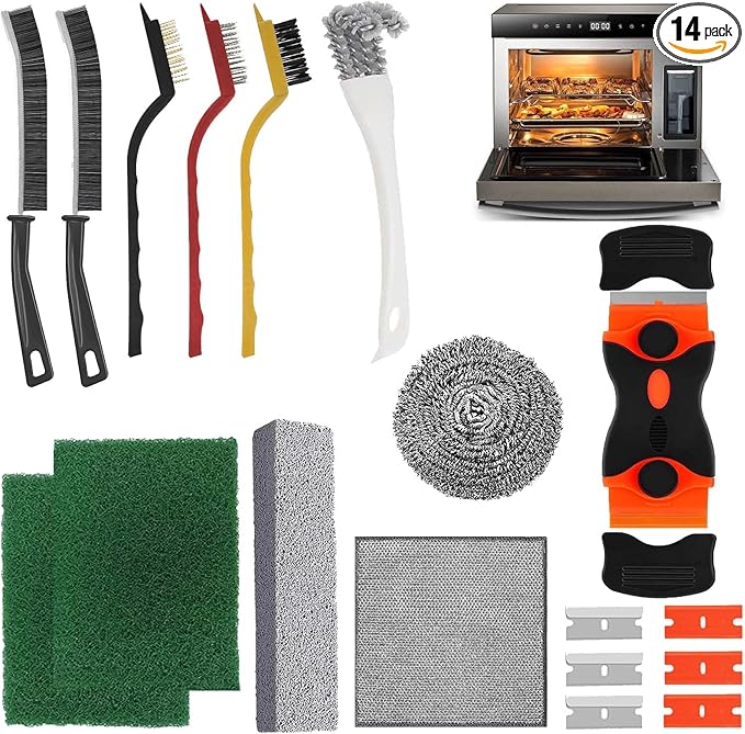 Heavy Duty Oven Cleaner Tools, 12 Pcs Oven Cleaning Accessories, Oven Cleaning Kit with Crevice Cleaning Brush, Razor Blade Scraper, Steel Wool Scrubber, Scrub Sponges, Pumice Stone, Cleaning Rags