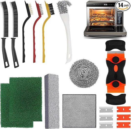 Heavy Duty Oven Cleaner Tools, 12 Pcs Oven Cleaning Accessories, Oven Cleaning Kit with Crevice Cleaning Brush, Razor Blade Scraper, Steel Wool Scrubber, Scrub Sponges, Pumice Stone, Cleaning Rags