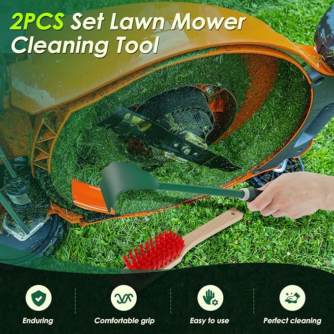 2 PCS Mower Deck Scraper with Ergonomic Long Handle, Lawn Mower Deck Cleaner Tool with Stiff Bristle Brush, Lawn Mower Maintenance Deck Scraper Cleaning Tool for Gardening