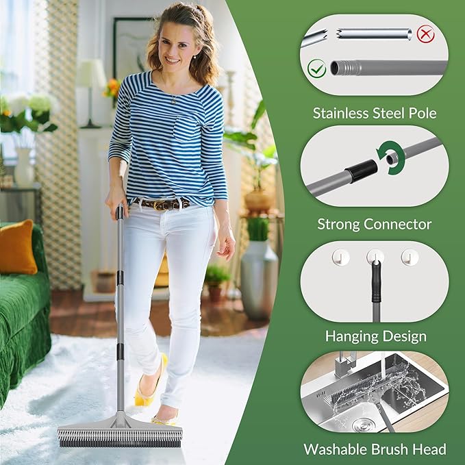 Walensee Rubber Broom, 2 in 1 Rubber Broom and Nylon Carpet Rake Brush for Pet Hair Removal, 61" Adjustable Long Handle, Carpet Hair Cleaning Tool for Fur Rug, Stairs and Mats - Washable, Durable
