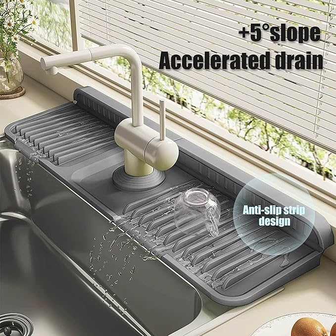 STARGAZ Silicone Faucet Mat for Kitchen Sink,Faucet Draining Mat,Sink Back Splash Guard,Kitchen Rubber Mat,Bathroom Sink Faucet Mat,Soap Dish,Silicone Sink Protector(Grey,17.7”×5.5”)