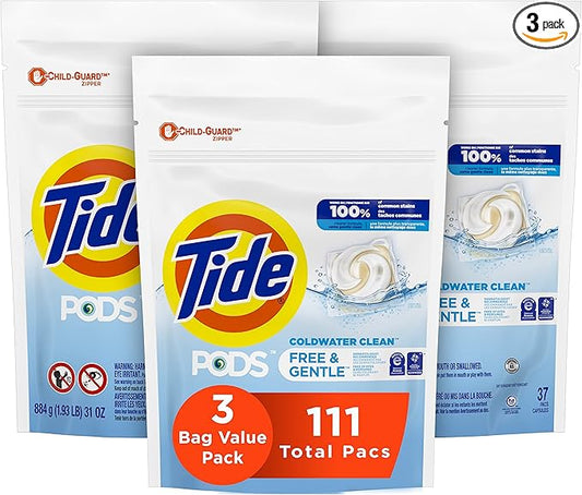 Tide PODS Free & Gentle, Laundry Detergent Soap Pods, Unscented, 3 Bag Value Pack, 111 Count, HE Compatible