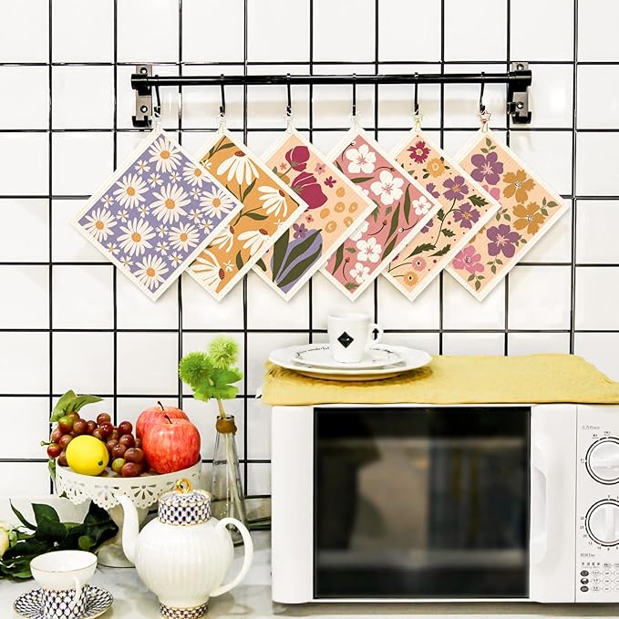 Swedish Dishcloths for Kitchen 6 Pack Flowers Cellulose Sponge Cloths Non Scratch Reusable Paper Towels No Odor, Biodegradable and Reusable Kitchen Dish Rags (Wildflowers)